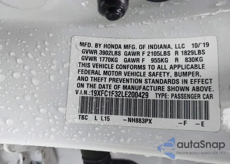 2020 Honda Civic Ex из США, поврежденный, VIN 19XFC1F32LE200429